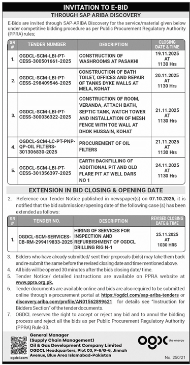 Oil & Gas Development Company Limited Islamabad Tender Notice